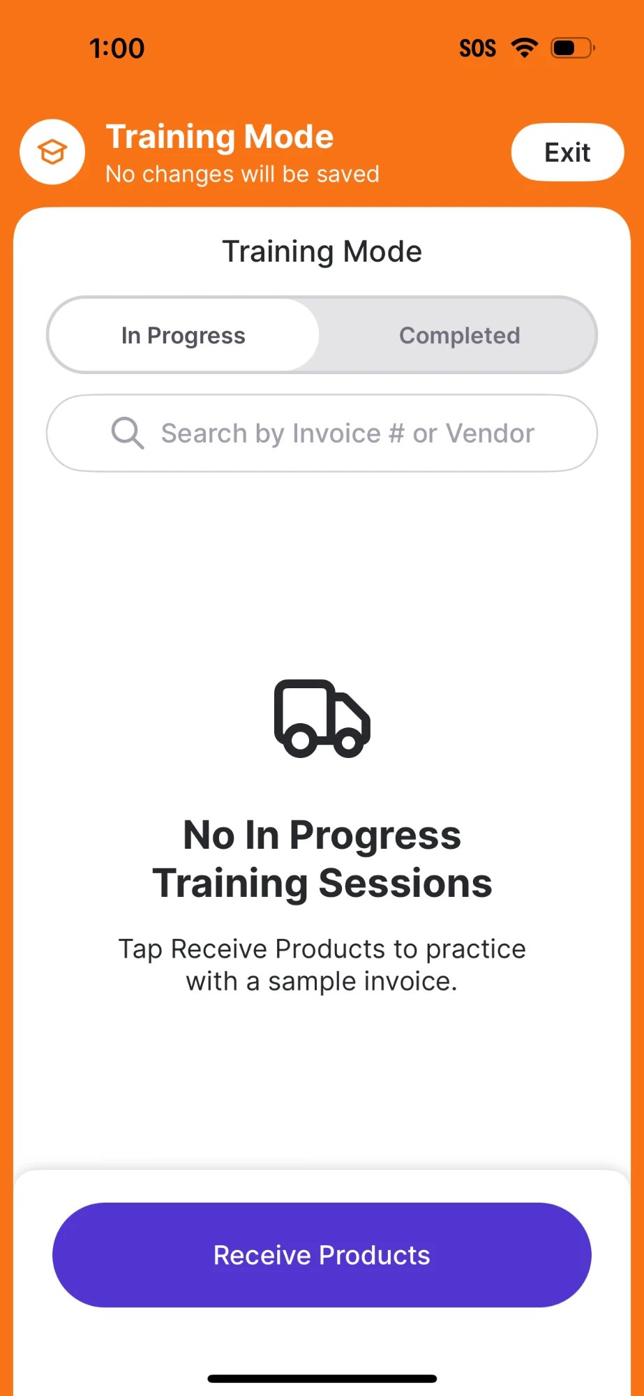 Training Mode screen with an orange No changes will be saved banner, an Exit button, and a No In Progress Training Sessions empty state prompting you to tap Receive Products to practice with a sample invoice