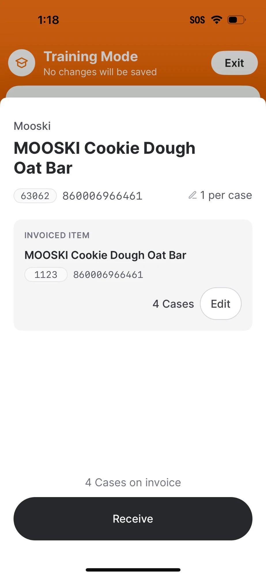 Training Mode item detail page for MOOSKI Cookie Dough Oat Bar showing invoiced item details, 4 cases on invoice, and a Receive button at the bottom
