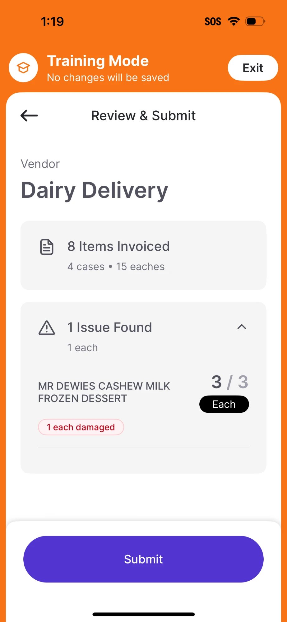 Training Mode Review and Submit screen for Dairy Delivery showing 8 items invoiced across 4 cases and 15 eaches, with 1 issue found on MR DEWIES Cashew Milk Frozen Dessert