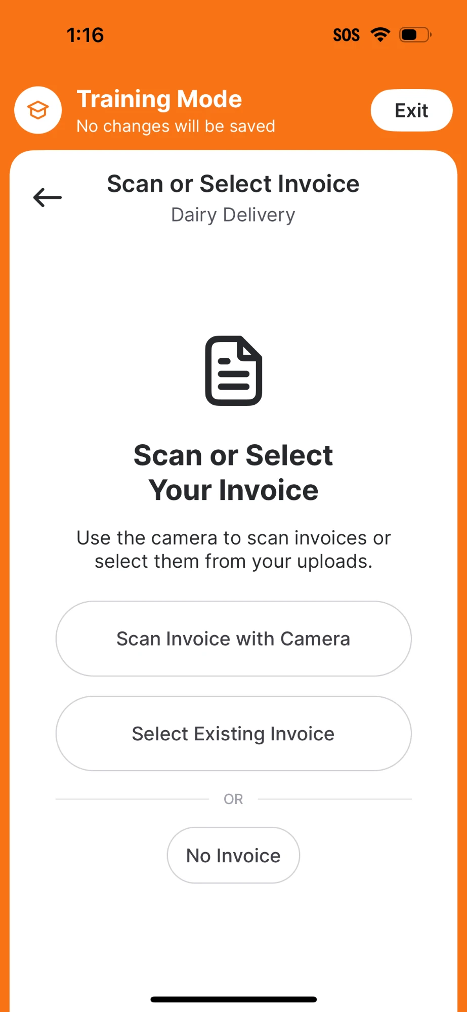 Training Mode Scan or Select Invoice screen for Dairy Delivery with Scan Invoice with Camera, Select Existing Invoice, and No Invoice options