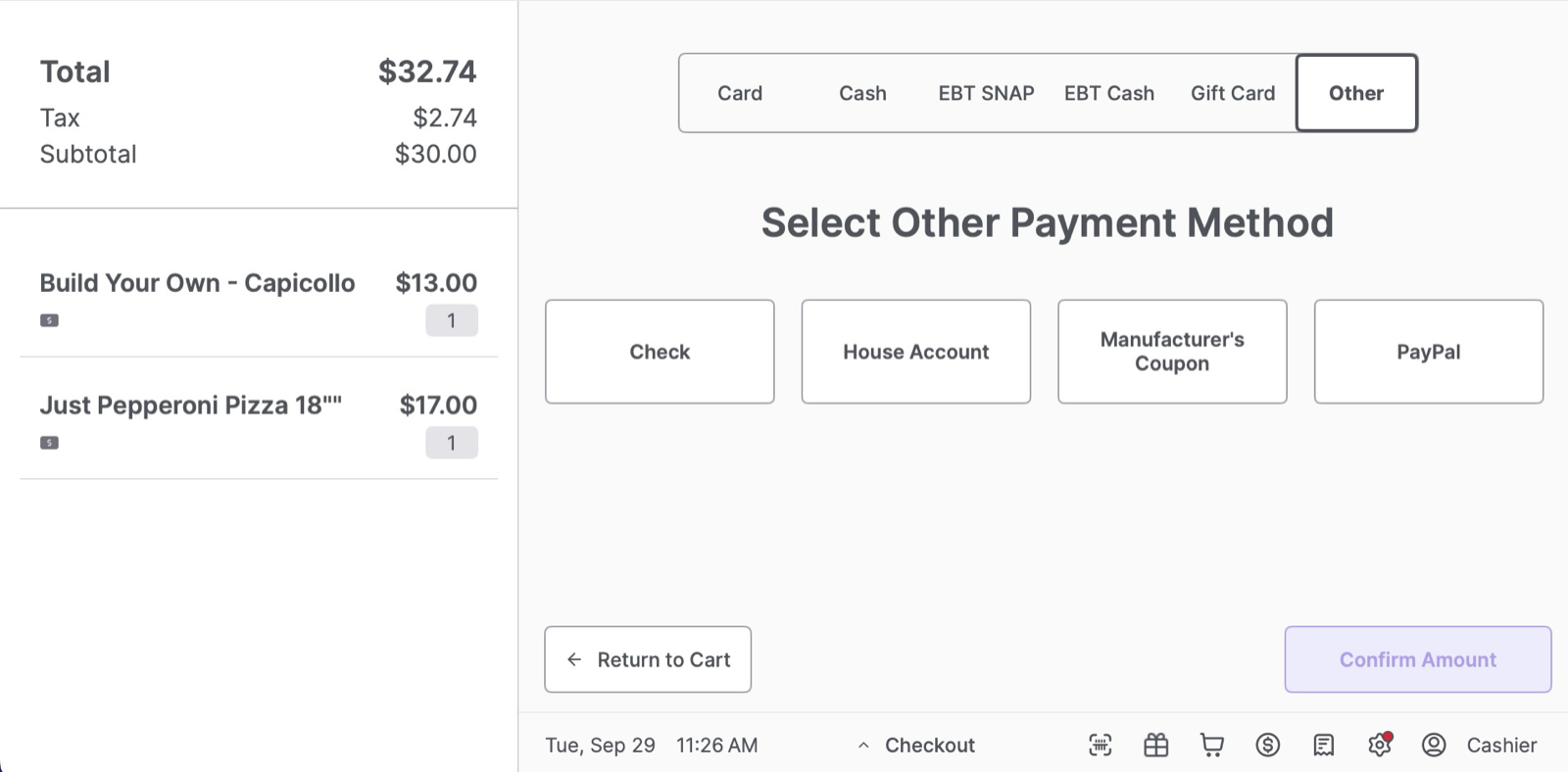 POS Select Other Payment Method screen with the Other tab selected and buttons for Check, House Account, Manufacturer's Coupon, and PayPal