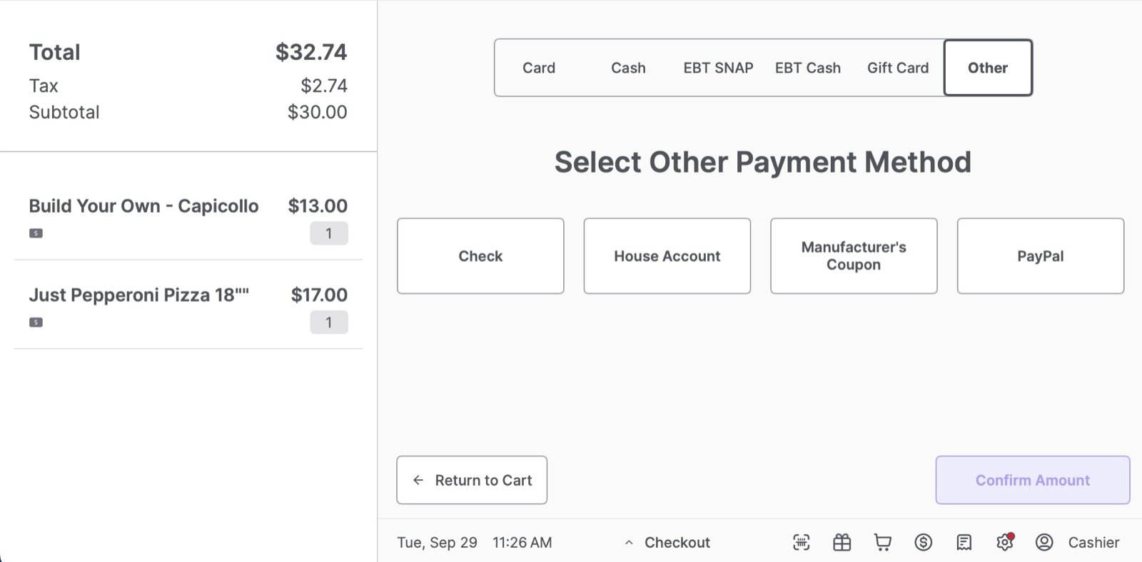 POS Select Other Payment Method screen with the Other tab selected and buttons for Check, House Account, Manufacturer's Coupon, and PayPal