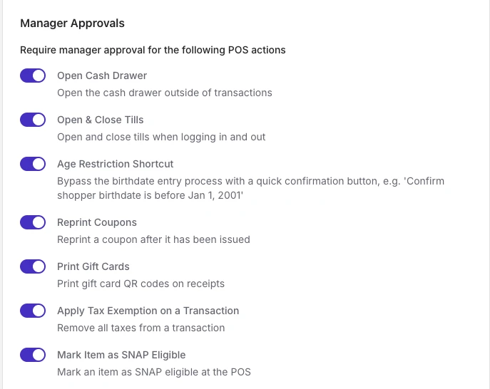 Manager Approvals settings in POS Settings showing toggles for Open Cash Drawer, Open & Close Tills, Age Restriction Shortcut, Reprint Coupons, Print Gift Cards, Apply Tax Exemption on a Transaction, and Mark Item as SNAP Eligible