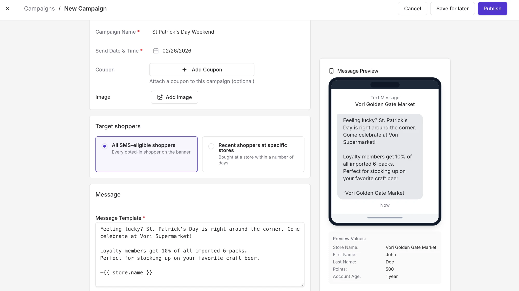 New Campaign page showing campaign details, Target shoppers, Message Template, and Message Preview