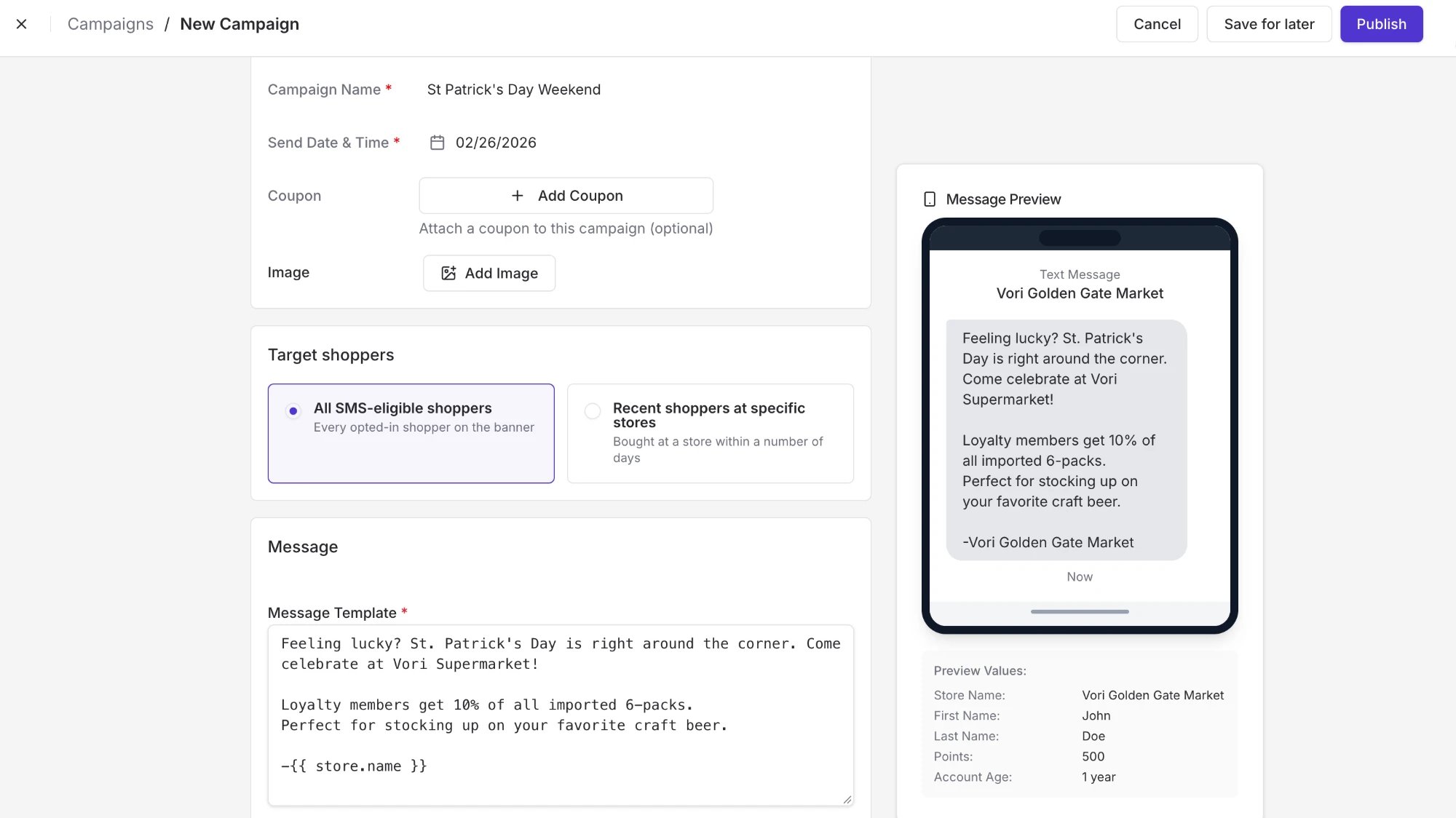 New Campaign page showing campaign details, Target shoppers, Message Template, and Message Preview
