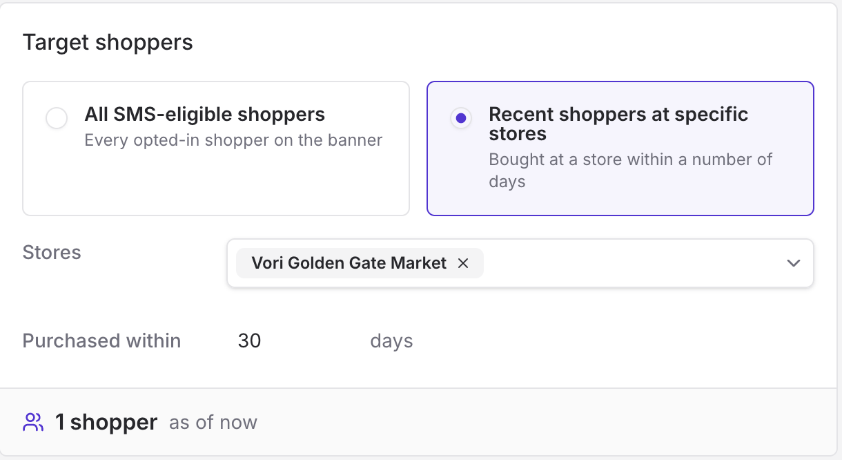 Target shoppers section with Recent shoppers at specific stores selected, one store chosen, and a 30-day purchase window