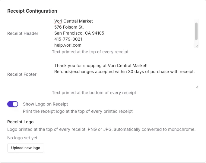 Receipt Configuration settings in POS Settings showing Receipt Header, Receipt Footer, Show Logo on Receipt toggle, and Receipt Logo upload