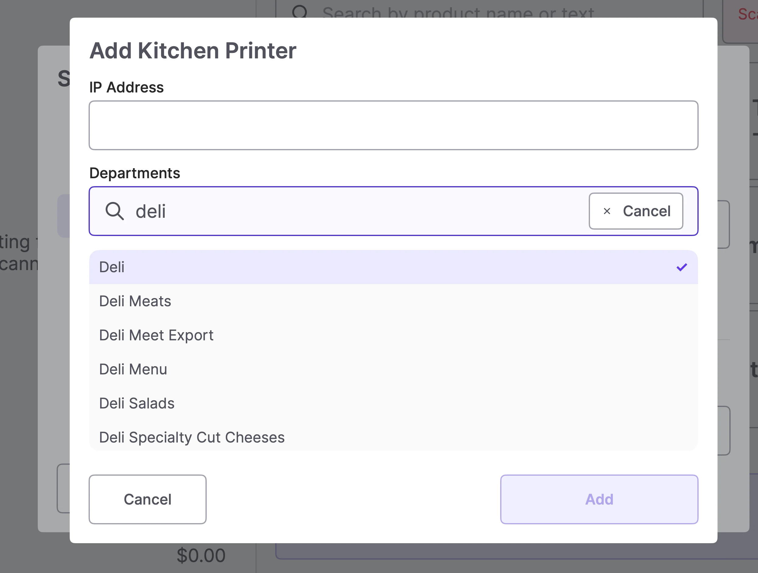 Add Kitchen Printer dialog with IP Address and Departments fields