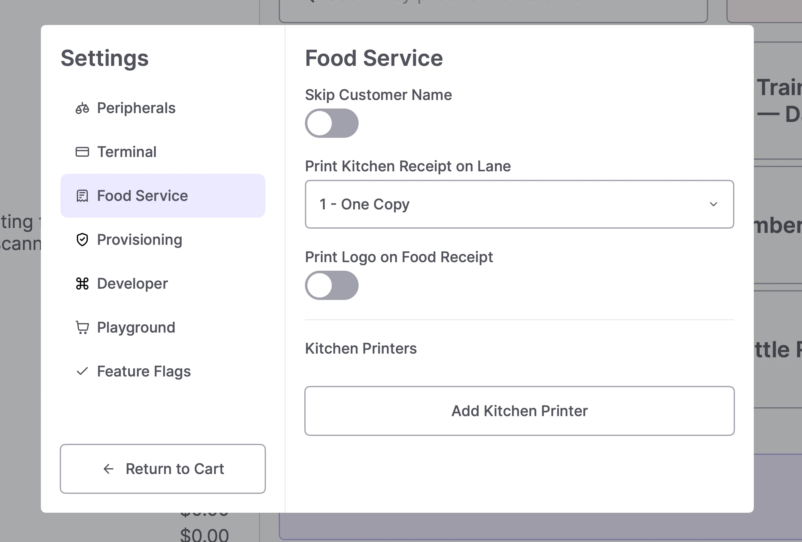 Food Service settings panel with the Add Kitchen Printer button