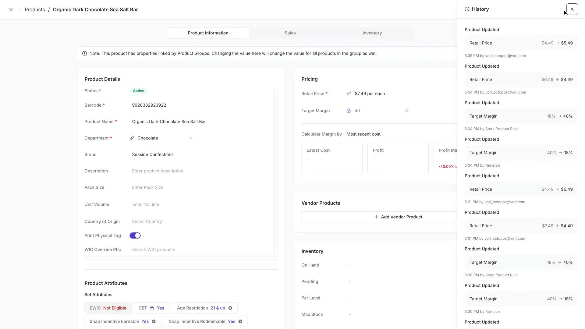 Product detail page with the History panel open on the right, showing entries grouped by date with a timestamp and source for each change