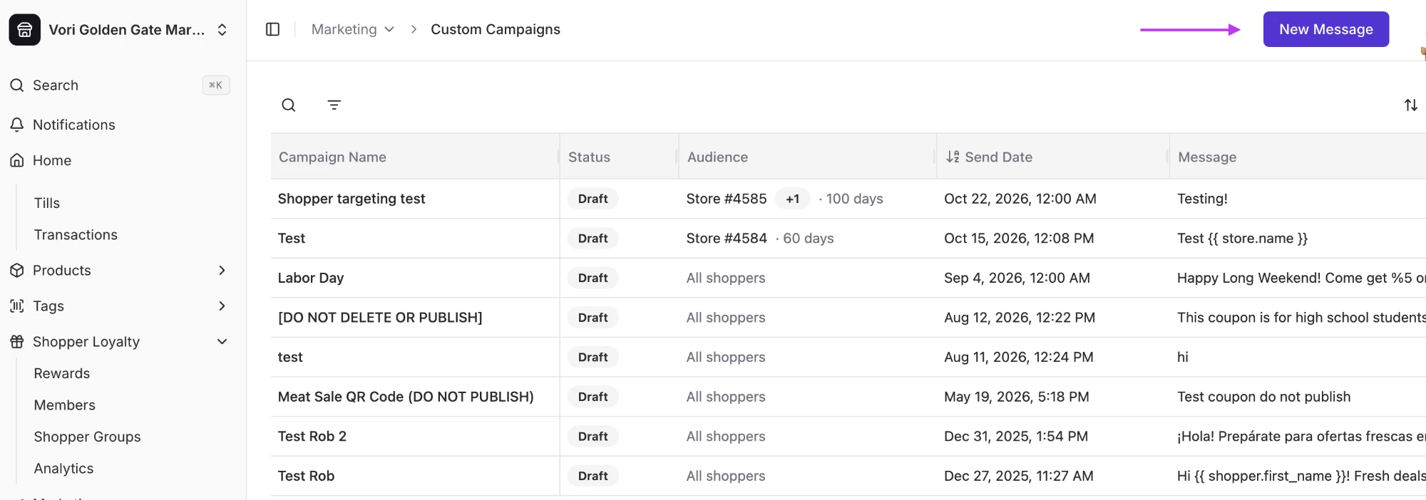 Custom Campaigns page with an arrow pointing to the New Message button
