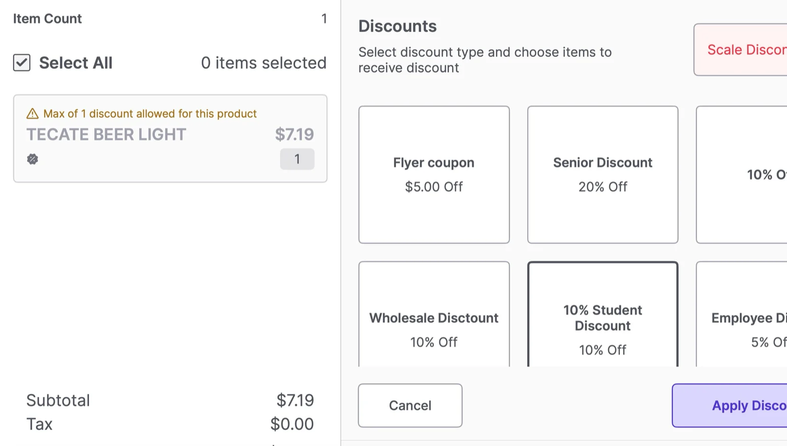POS discount screen showing a Max of 1 discount allowed for this product warning on a cart item