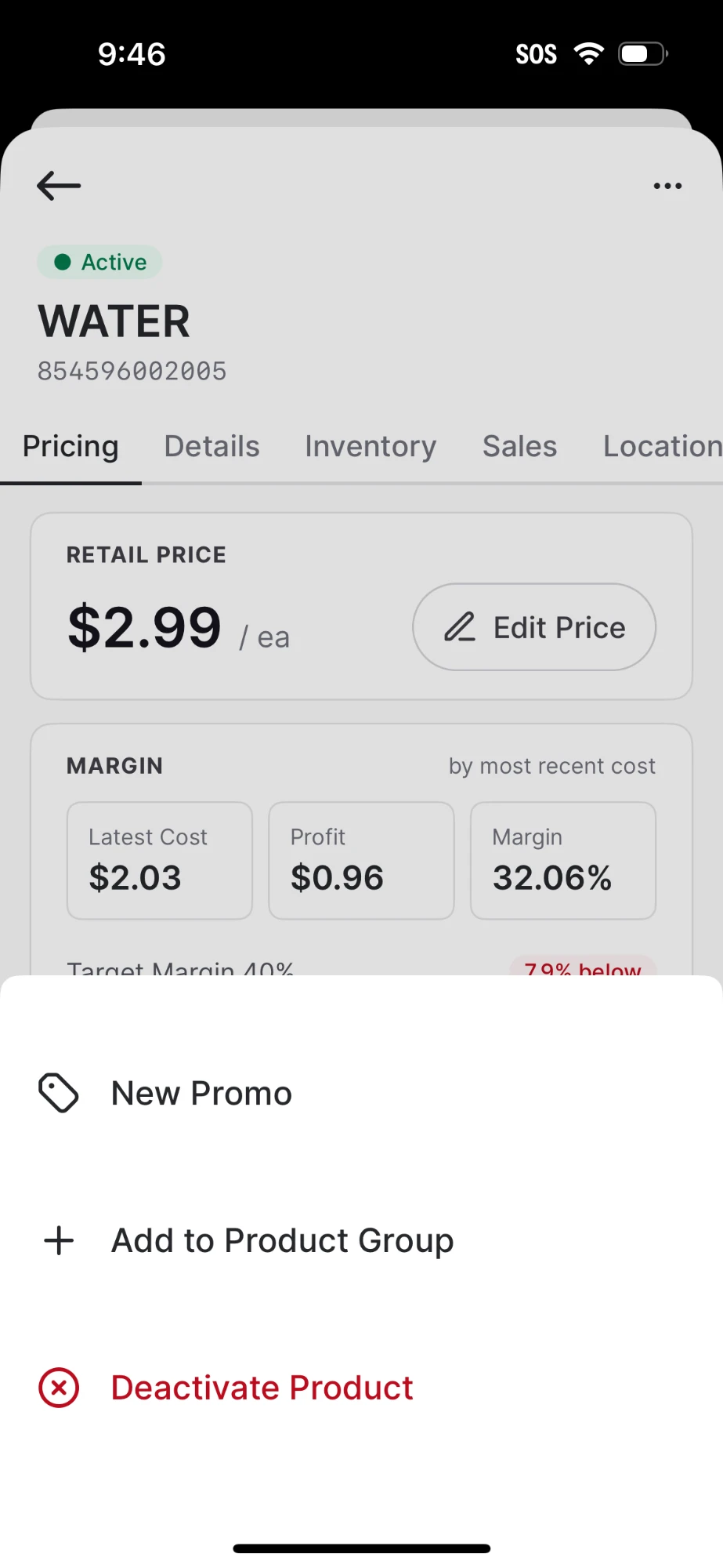 VoriOS product menu showing New Promo, Add to Product Group, and Deactivate Product options