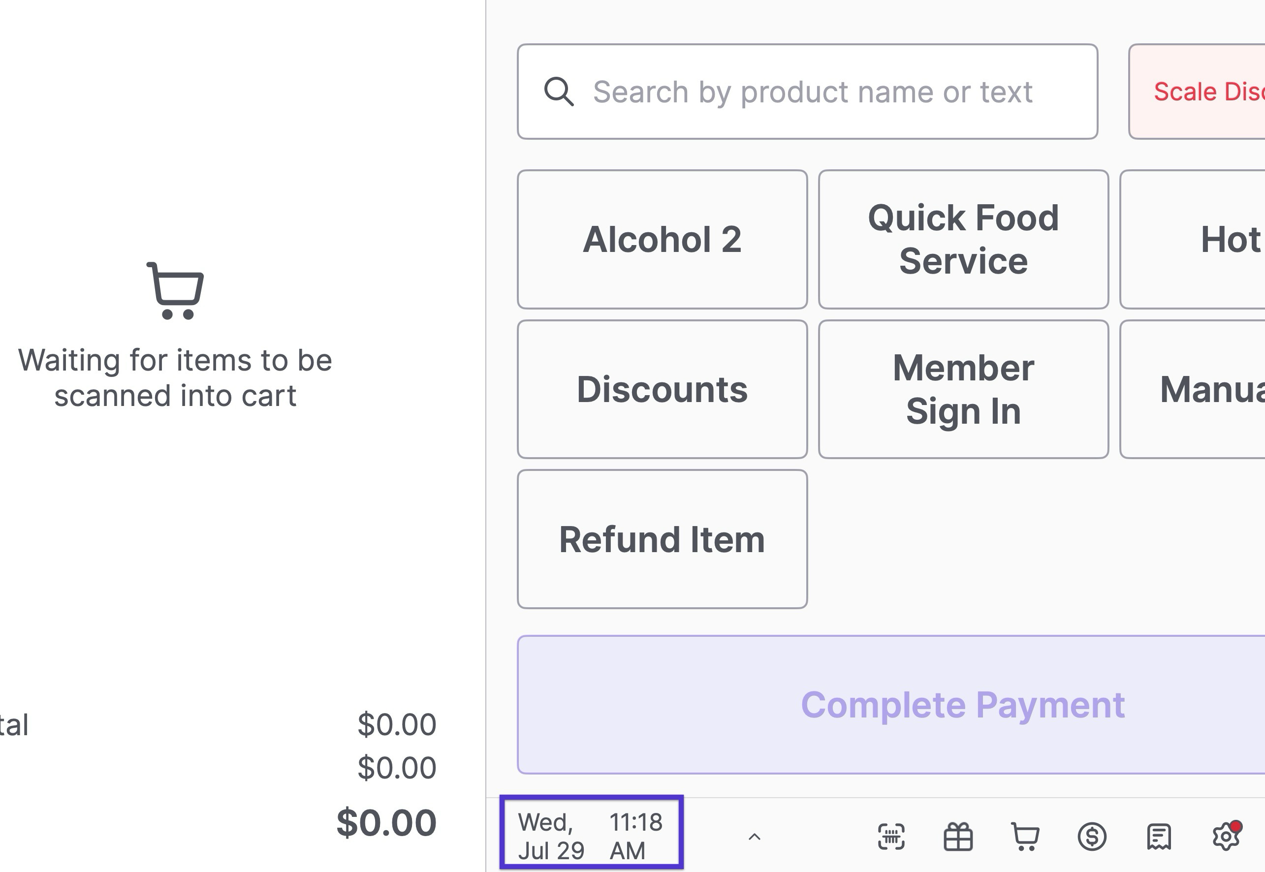 POS cashier screen with the Date and Time display highlighted in the bottom left corner