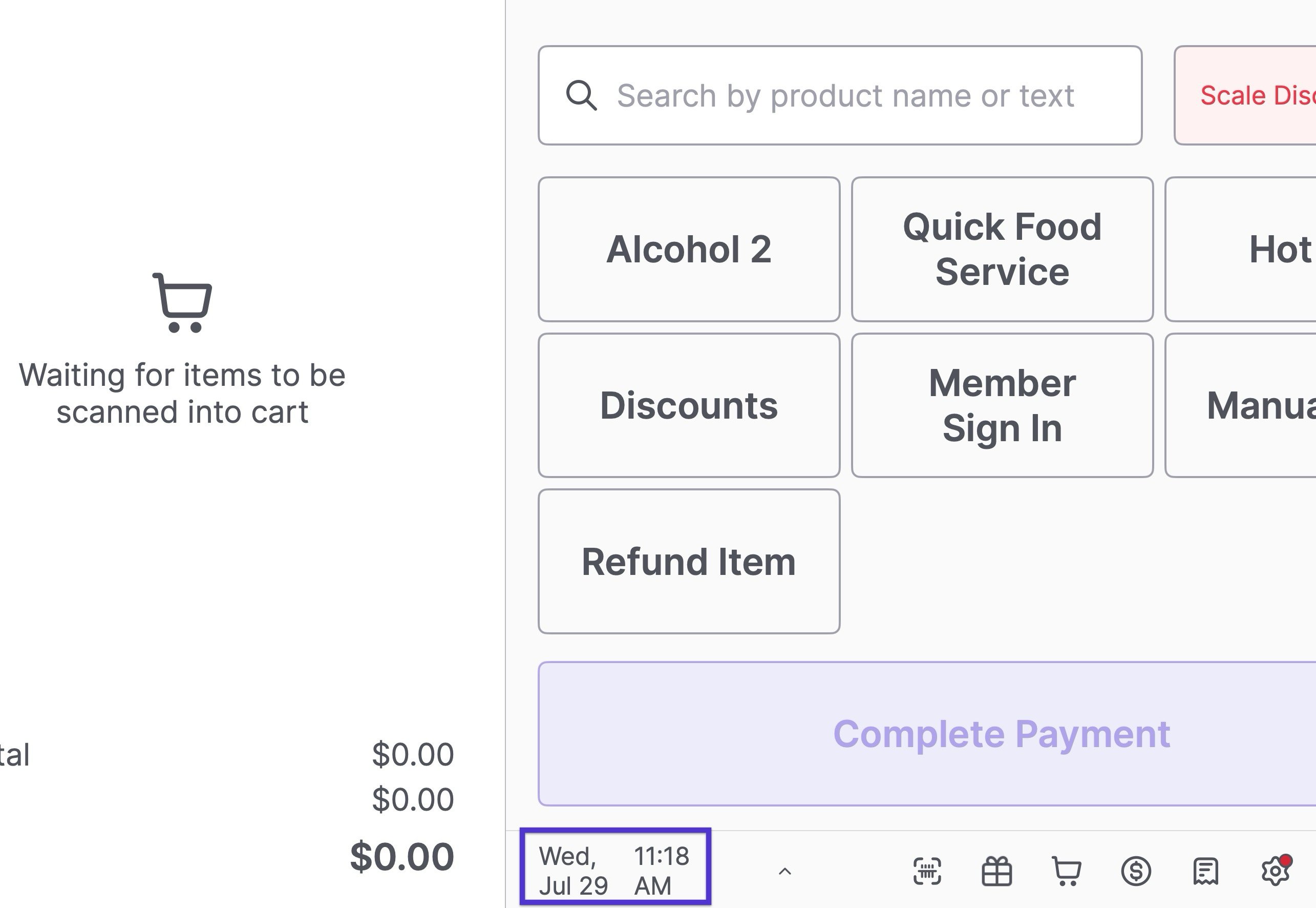 POS cashier screen with the Date and Time display highlighted in the bottom left corner
