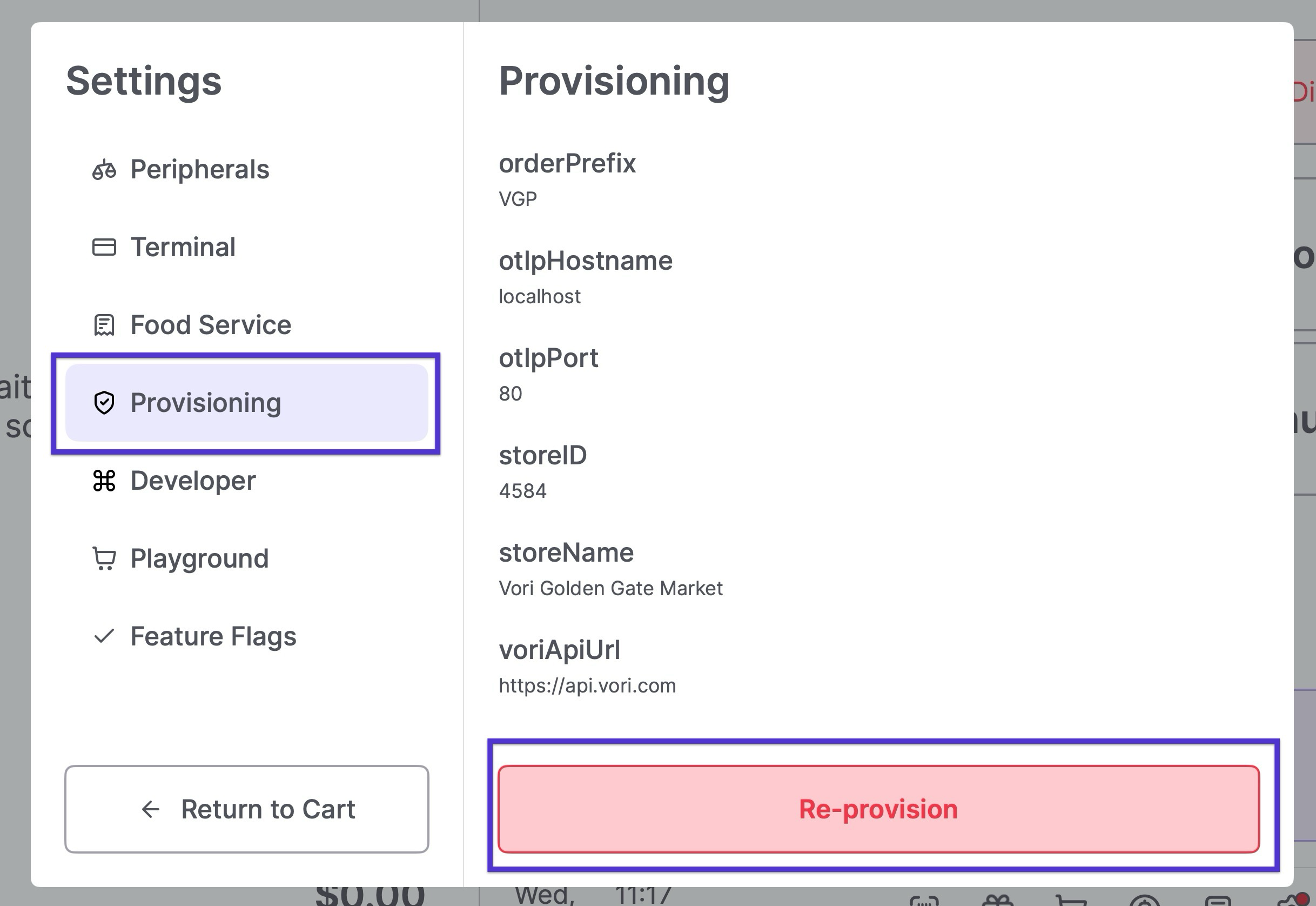 Settings menu with Provisioning selected and the red Re-provision button highlighted