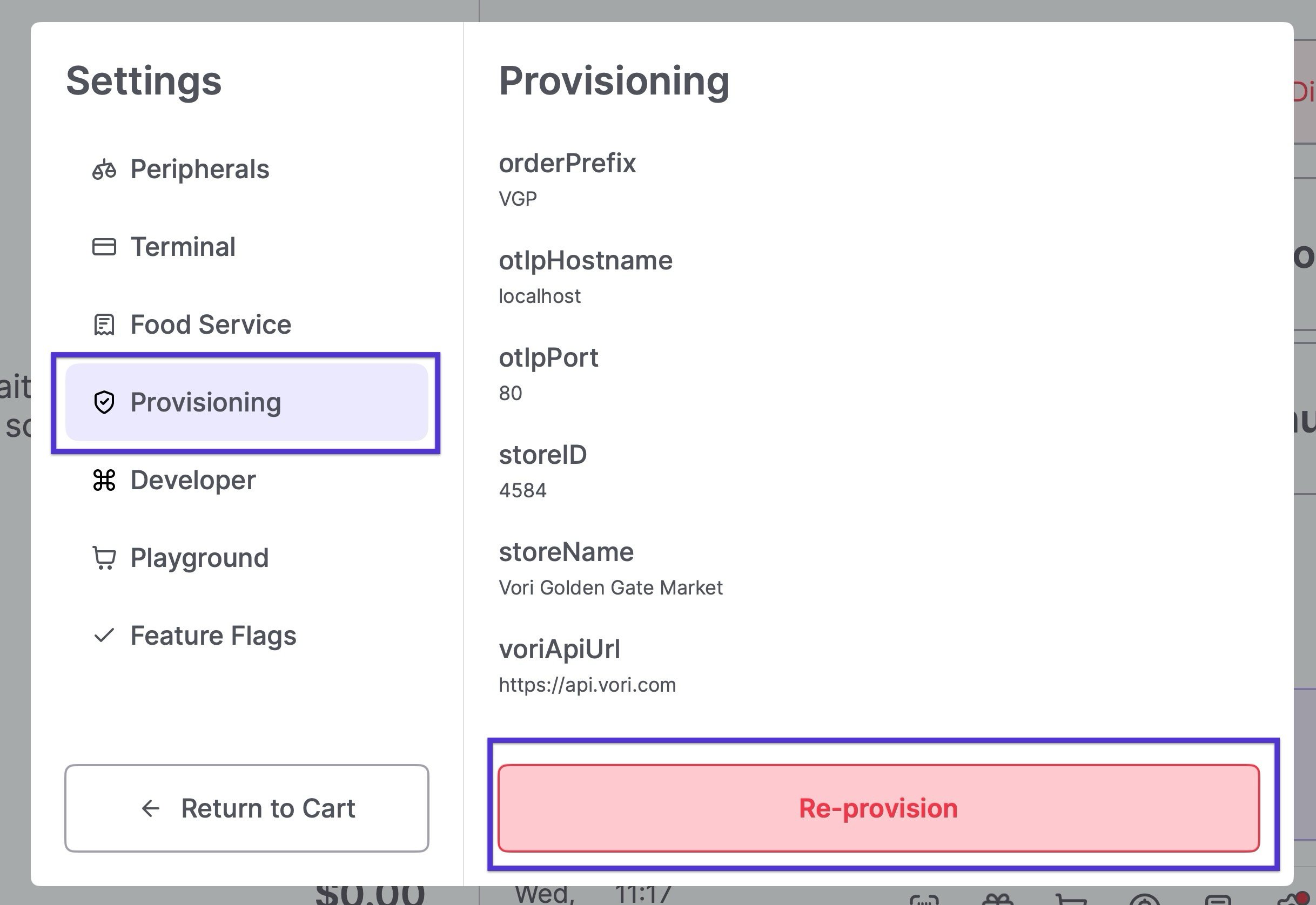 Settings menu with Provisioning selected and the red Re-provision button highlighted