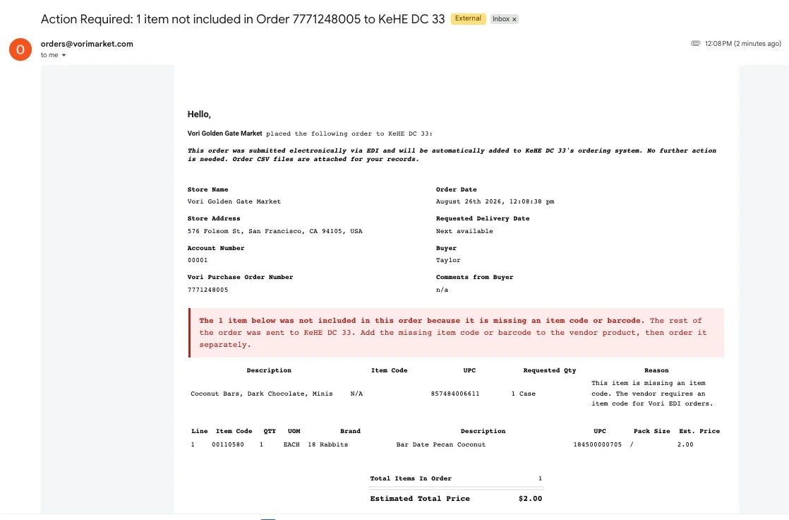 Email from Vori showing an item removed from a KeHE EDI order because it's missing an item code, with the item's description, item code, UPC, and reason listed