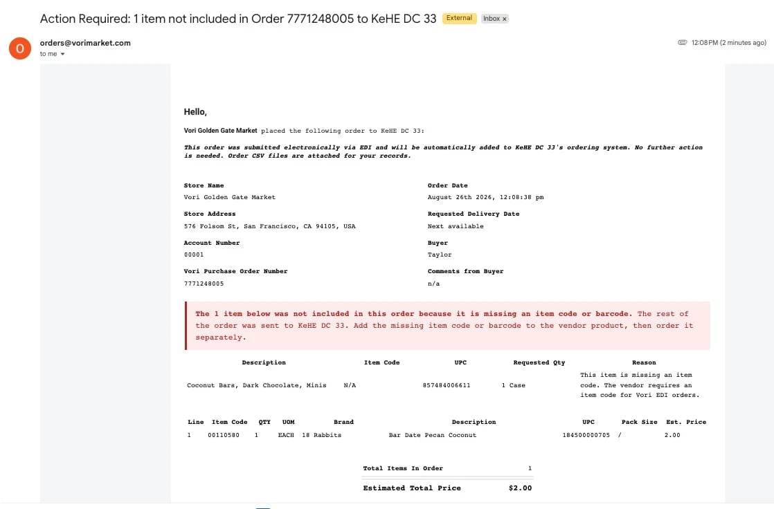 Email from Vori showing an item removed from a KeHE EDI order because it's missing an item code, with the item's description, item code, UPC, and reason listed