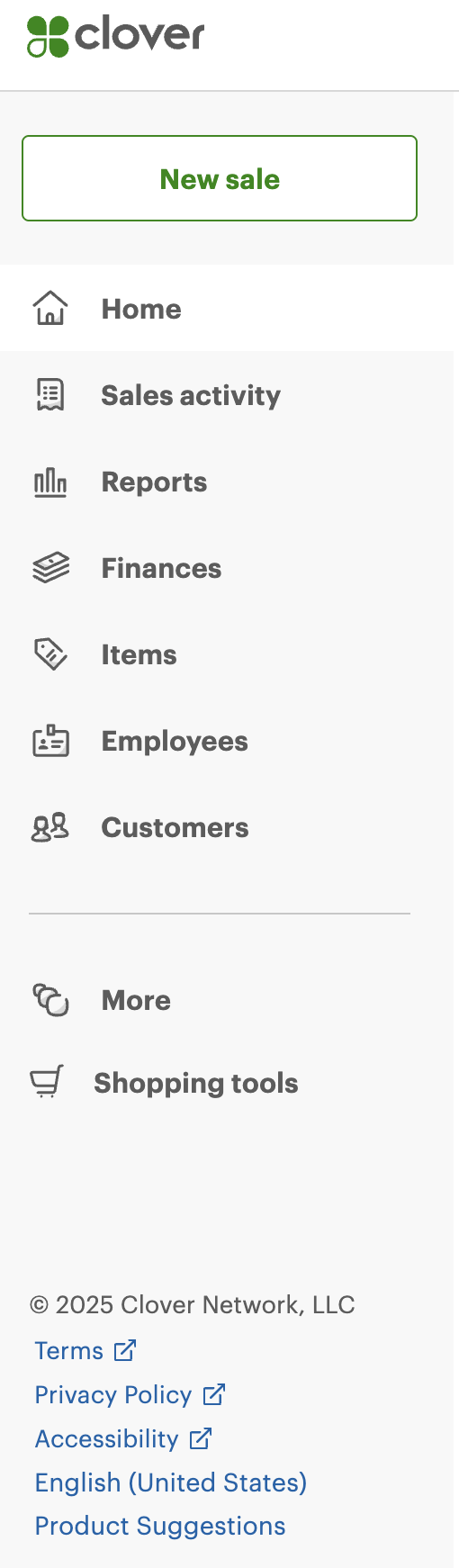 Clover left-hand menu with Items and Item list highlighted