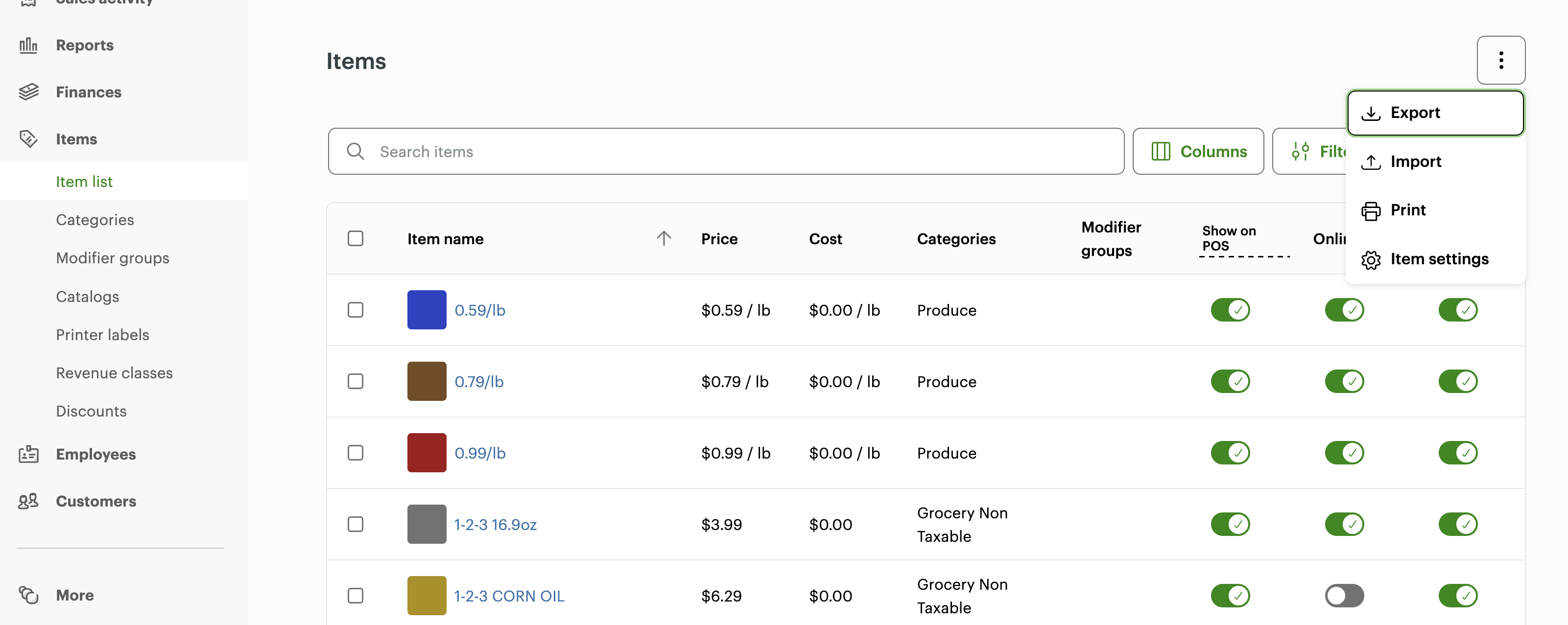 Clover Item list page with the three-dot menu open and Export highlighted
