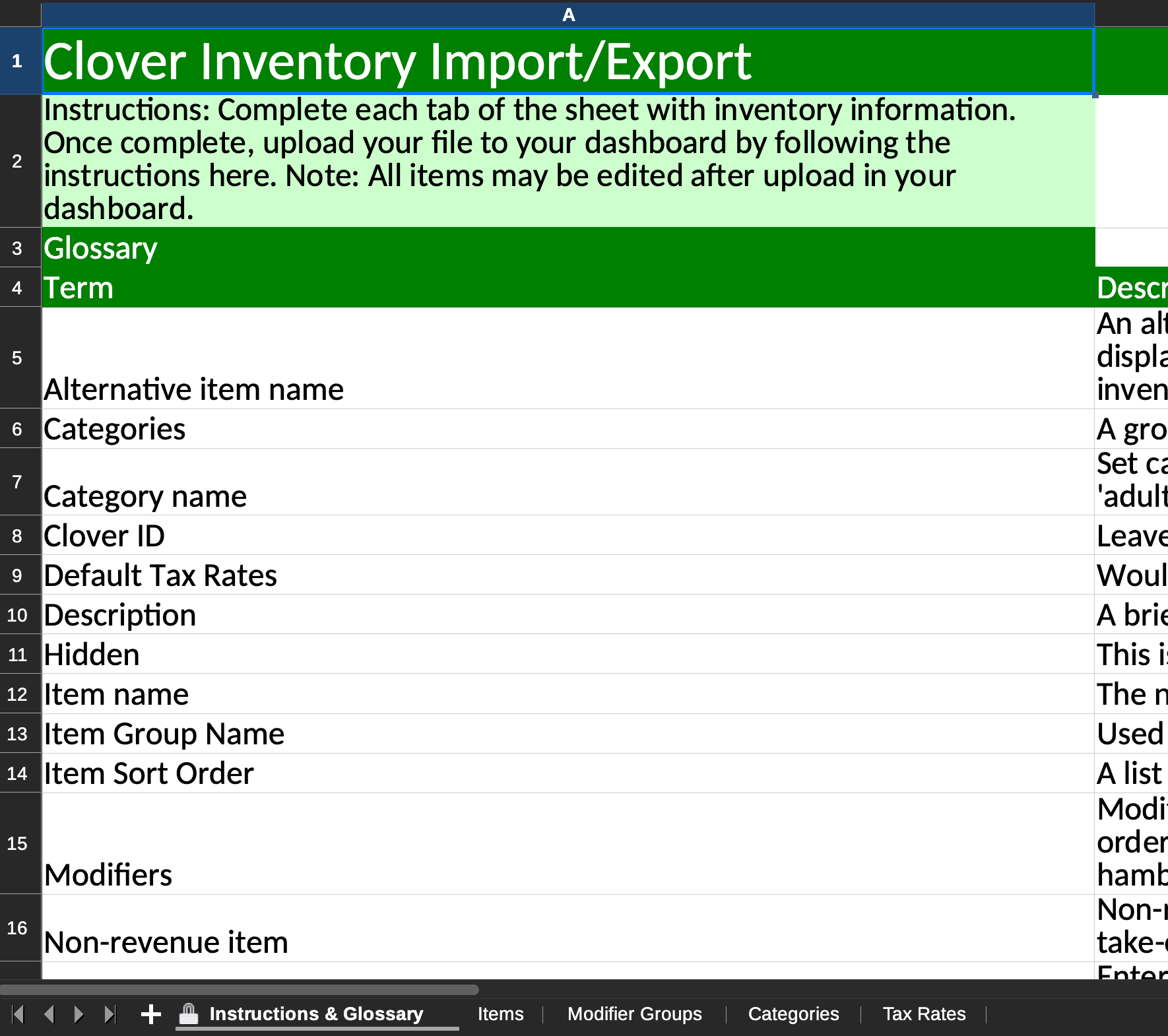 Exported Clover spreadsheet showing the Items, Modifier Groups, Categories, and Tax Rates tabs