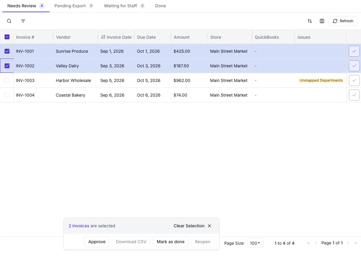 Two invoices selected on Invoice Review with the Approve and Mark as done buttons in the toolbar