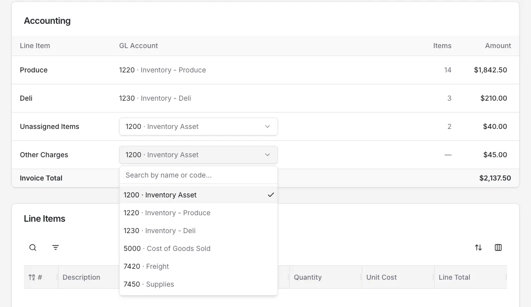 Accounting card on an invoice with the GL Account picker open on the Other Charges row