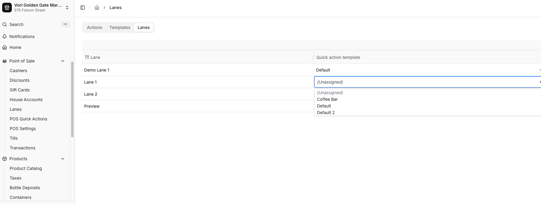 Lanes tab showing each lane and its Quick action template, with the dropdown open on Lane 1 listing Unassigned, Coffee Bar, Default, and Default 2