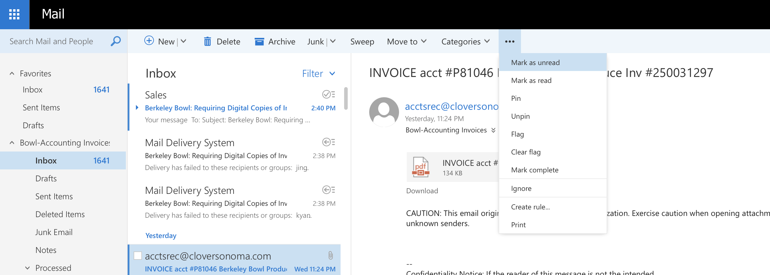 Outlook top navigation bar with the more-options menu open