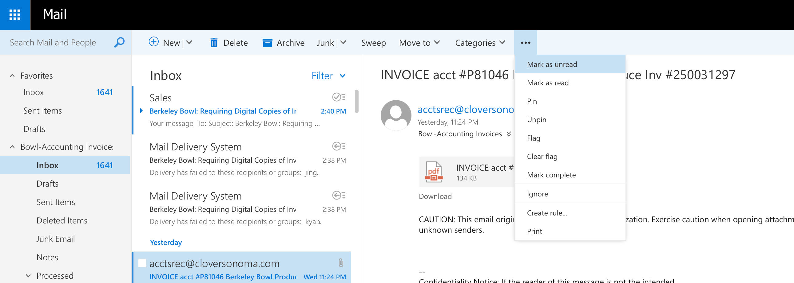 Outlook top navigation bar with the more-options menu open