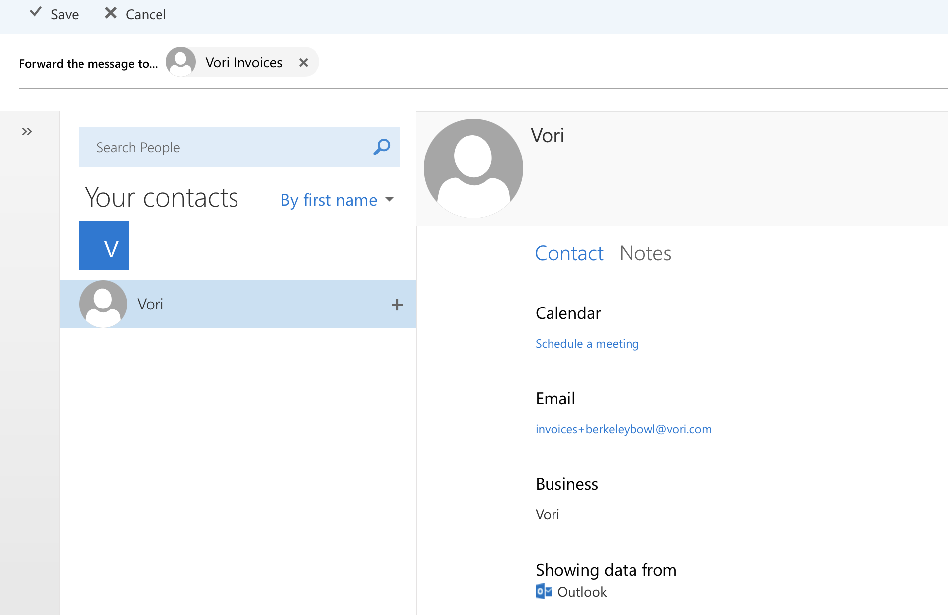 Inbox rule showing the Vori invoice inbox set as the forward recipient