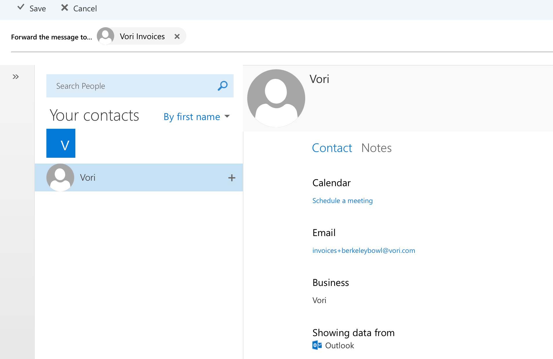 Inbox rule showing the Vori invoice inbox set as the forward recipient