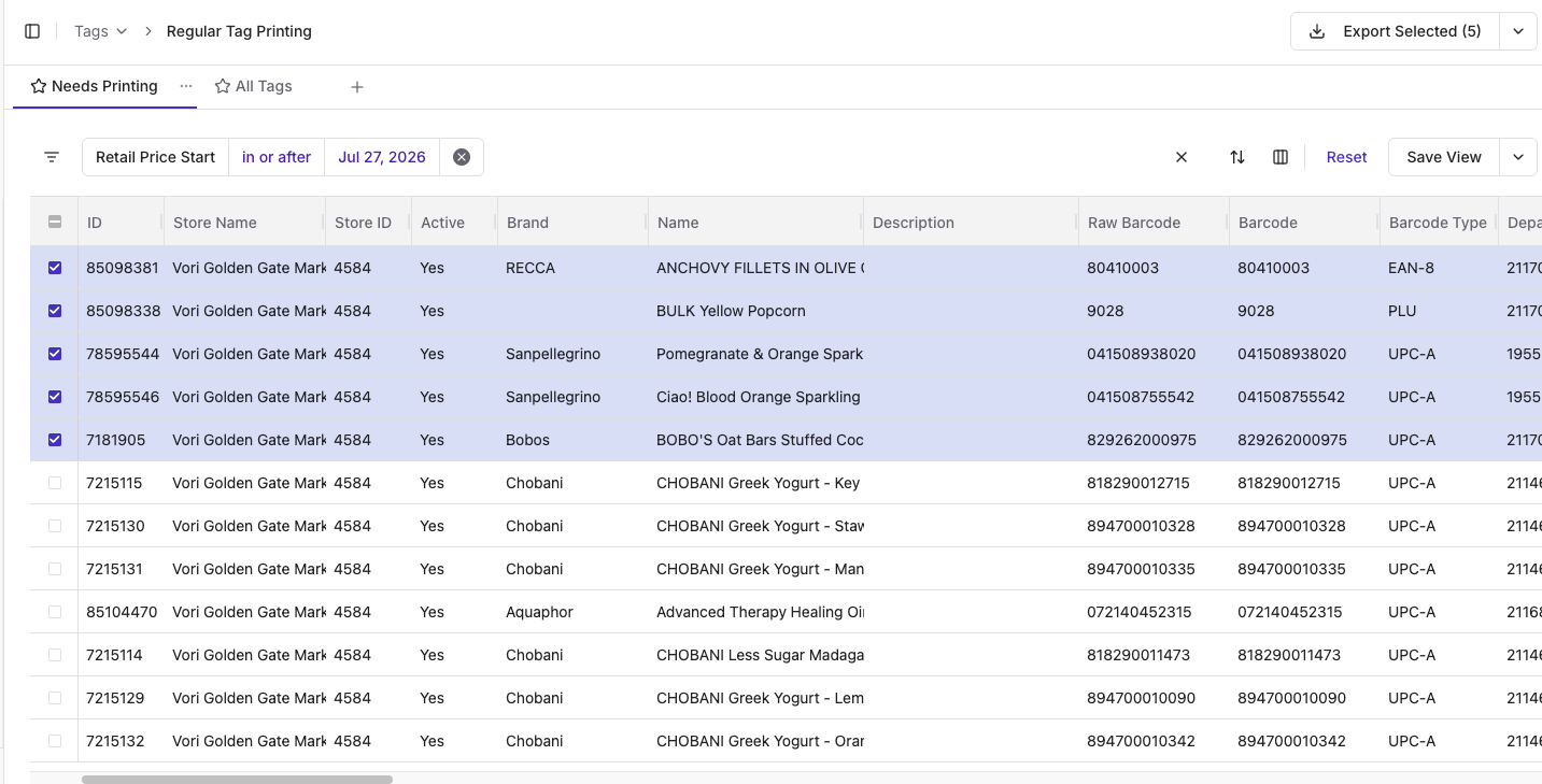 Regular Tag Printing page in Back Office with five items checked and the Export Selected (5) button in the upper-right corner