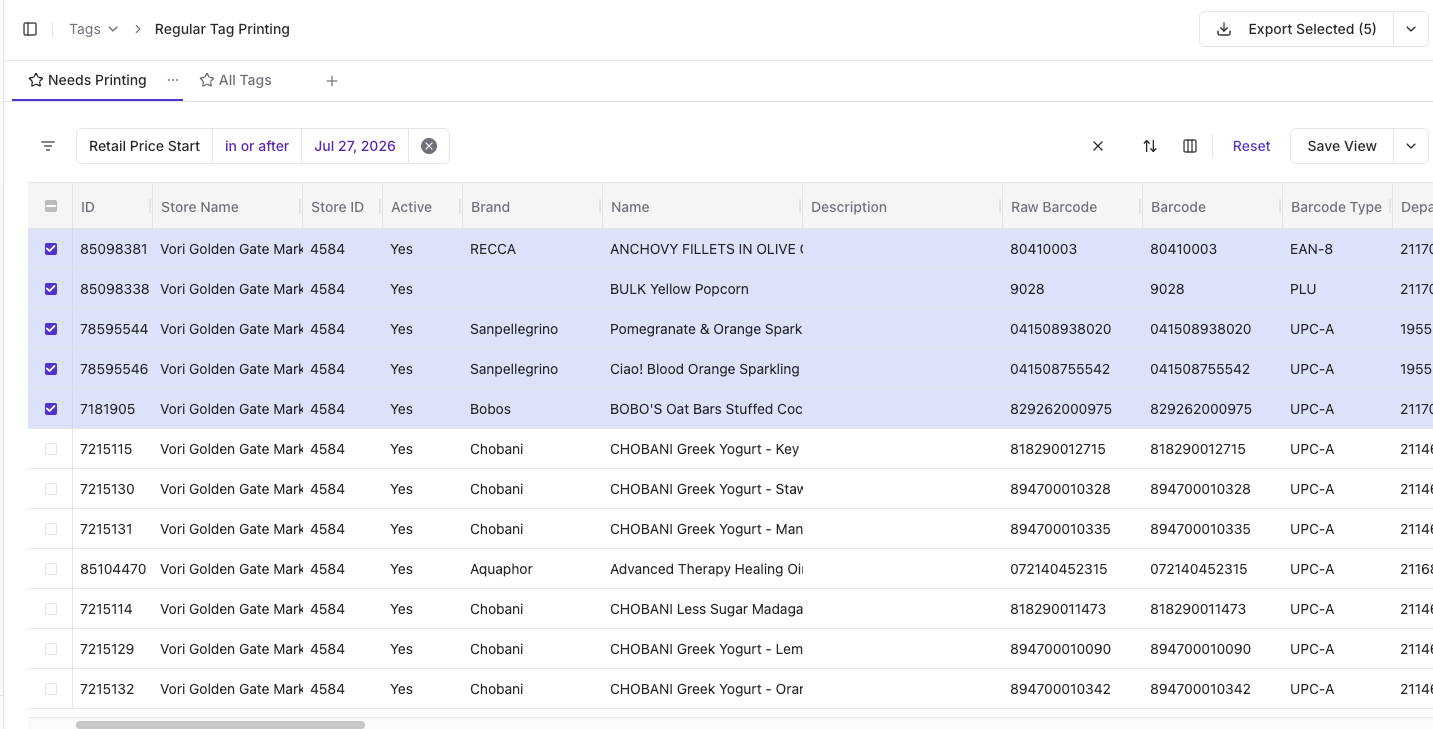 Regular Tag Printing page in Back Office with five items checked and the Export Selected (5) button in the upper-right corner