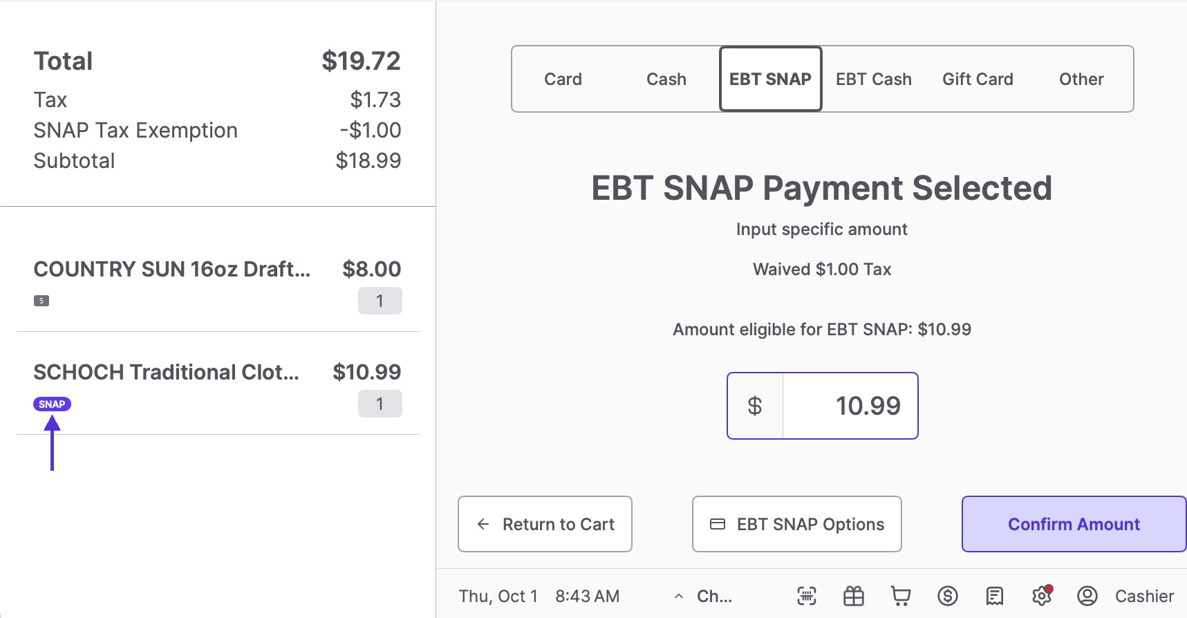EBT SNAP payment screen with an arrow pointing to the purple SNAP badge on an eligible item