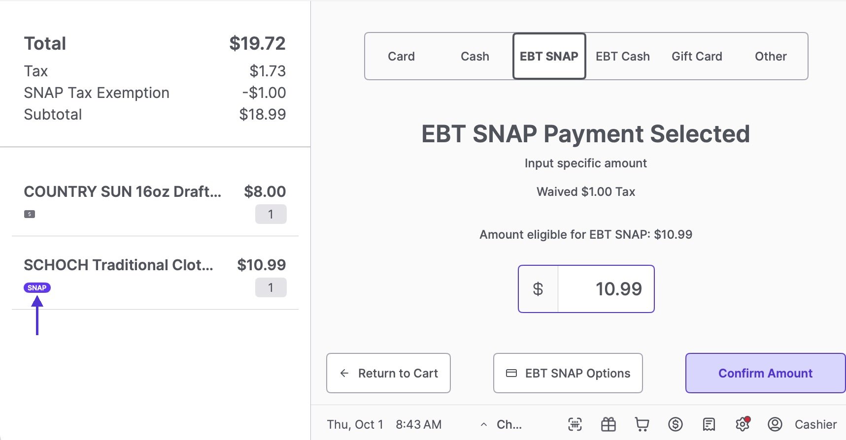 EBT SNAP payment screen with an arrow pointing to the purple SNAP badge on an eligible item