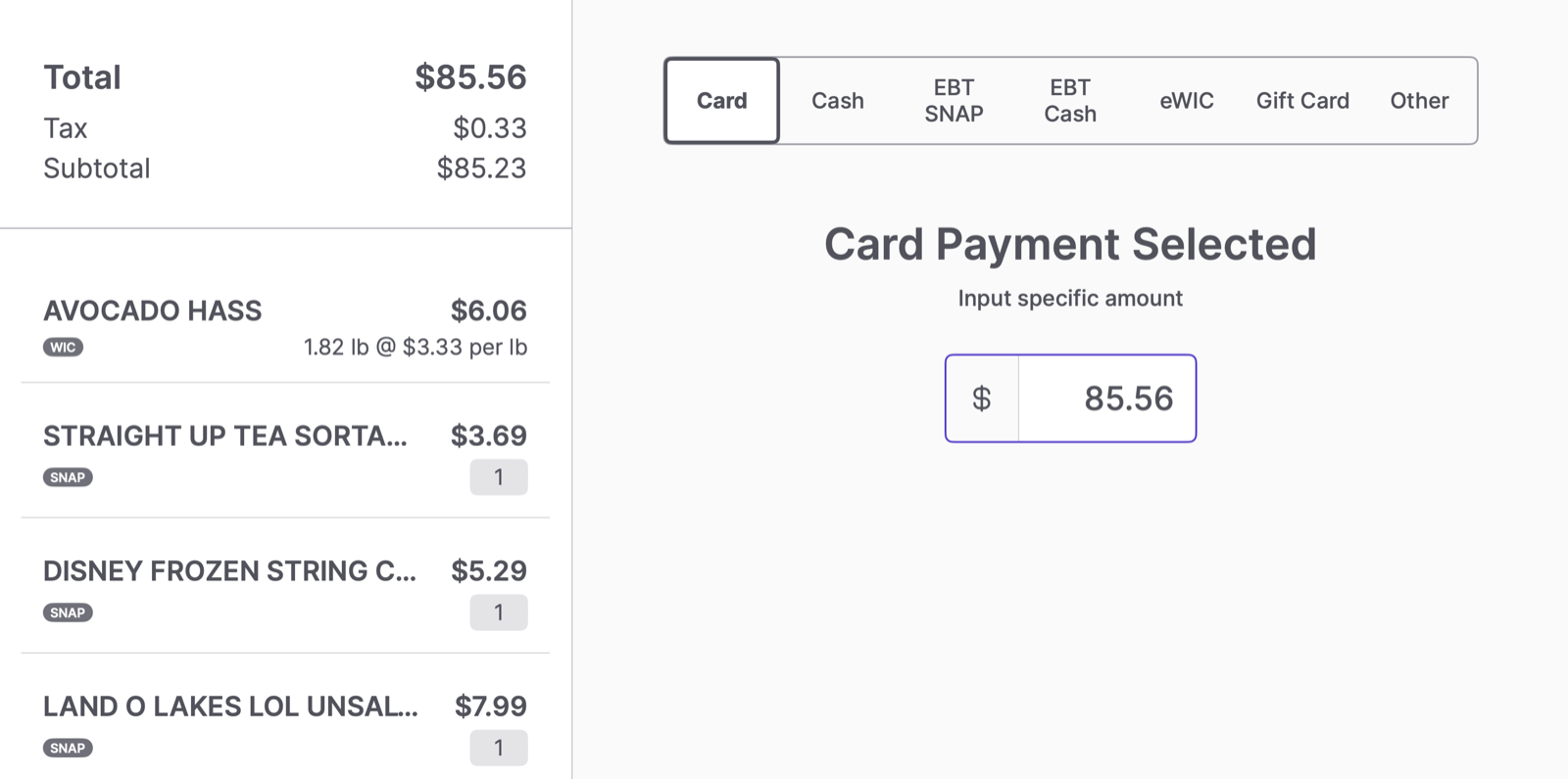 Payment screen with SNAP and WIC badges under each eligible item