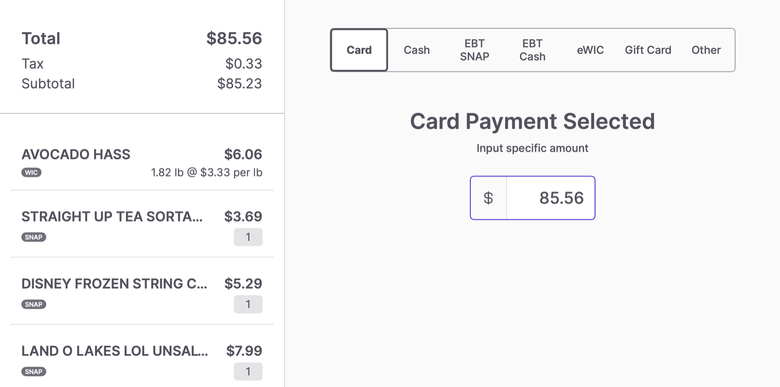 Payment screen with SNAP and WIC badges under each eligible item