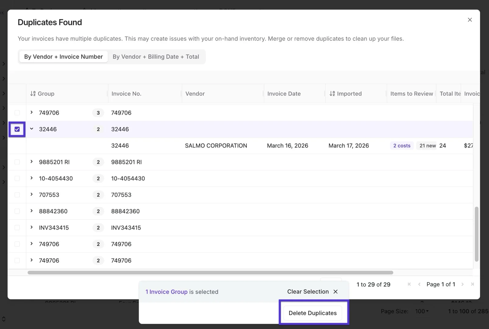 Duplicates Found window with an invoice group selected and the Delete Duplicates button highlighted
