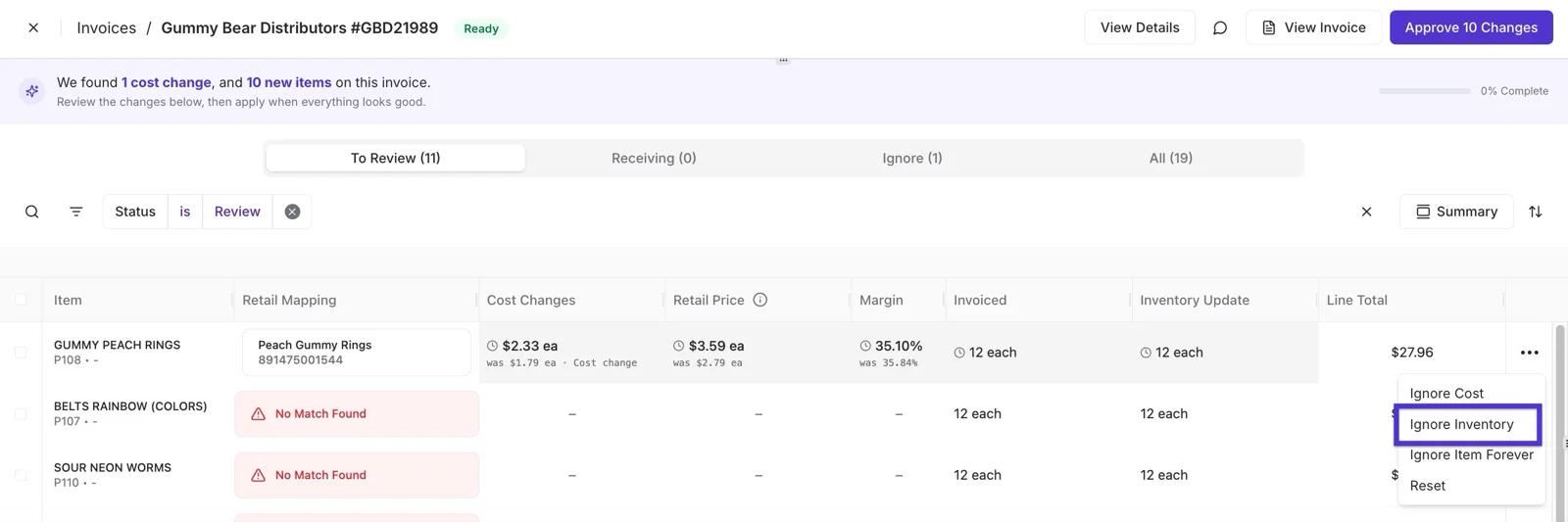 Invoice line item with the three-dot menu open and the Ignore Inventory option highlighted