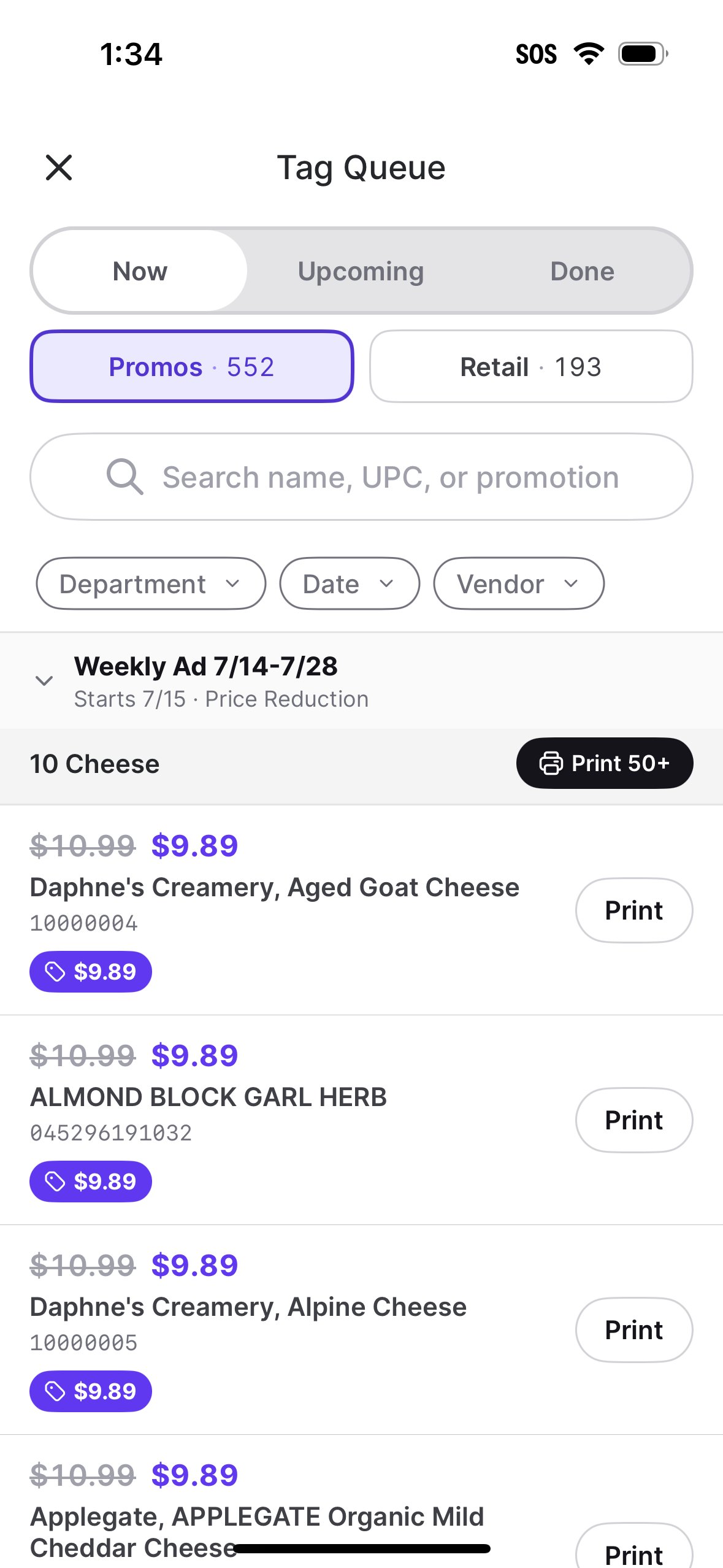 Tag Queue on the Now tab with the Promos filter selected, showing an expanded promotion with individual Print and Print 50+ buttons
