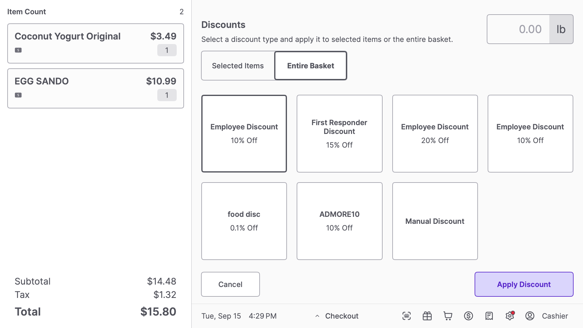 Discounts screen with the Entire Basket tab selected, showing preset discount tiles and a Manual Discount tile