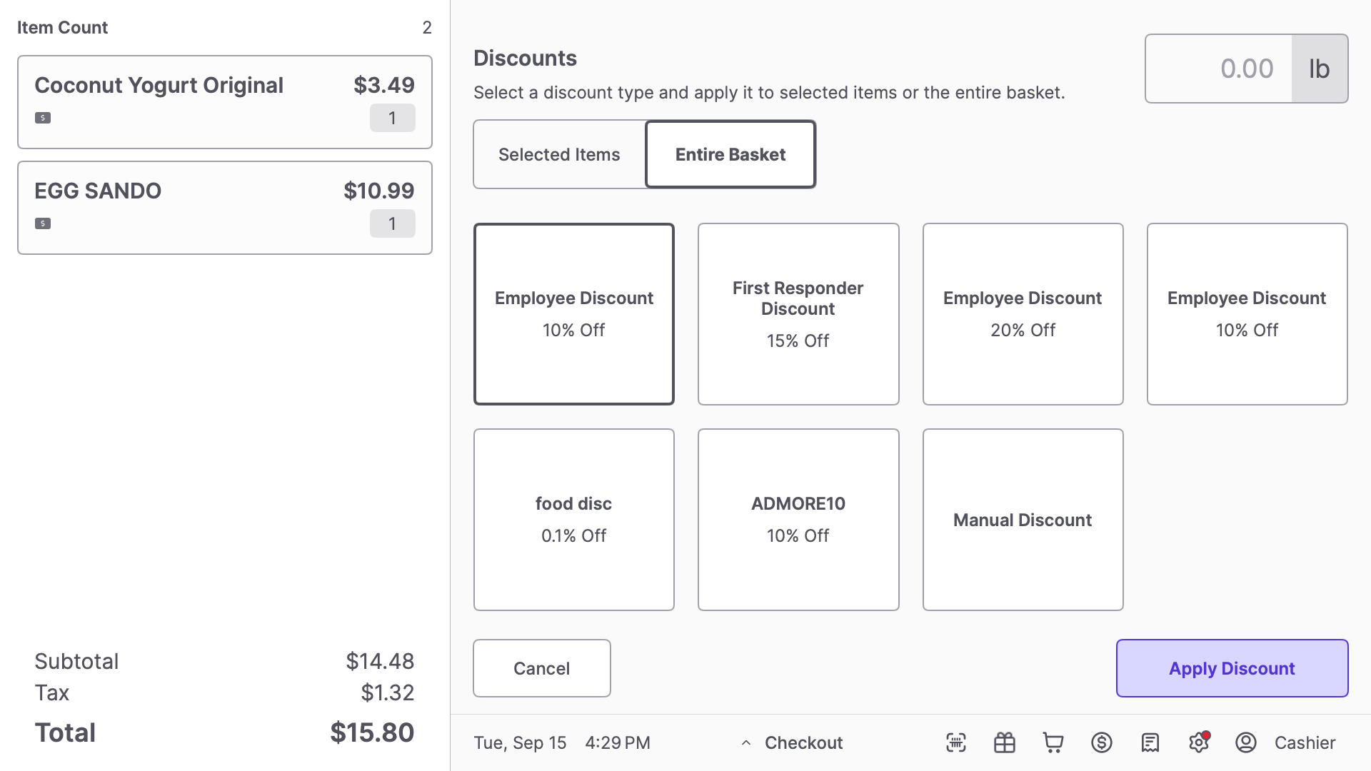 Discounts screen with the Entire Basket tab selected, showing preset discount tiles and a Manual Discount tile