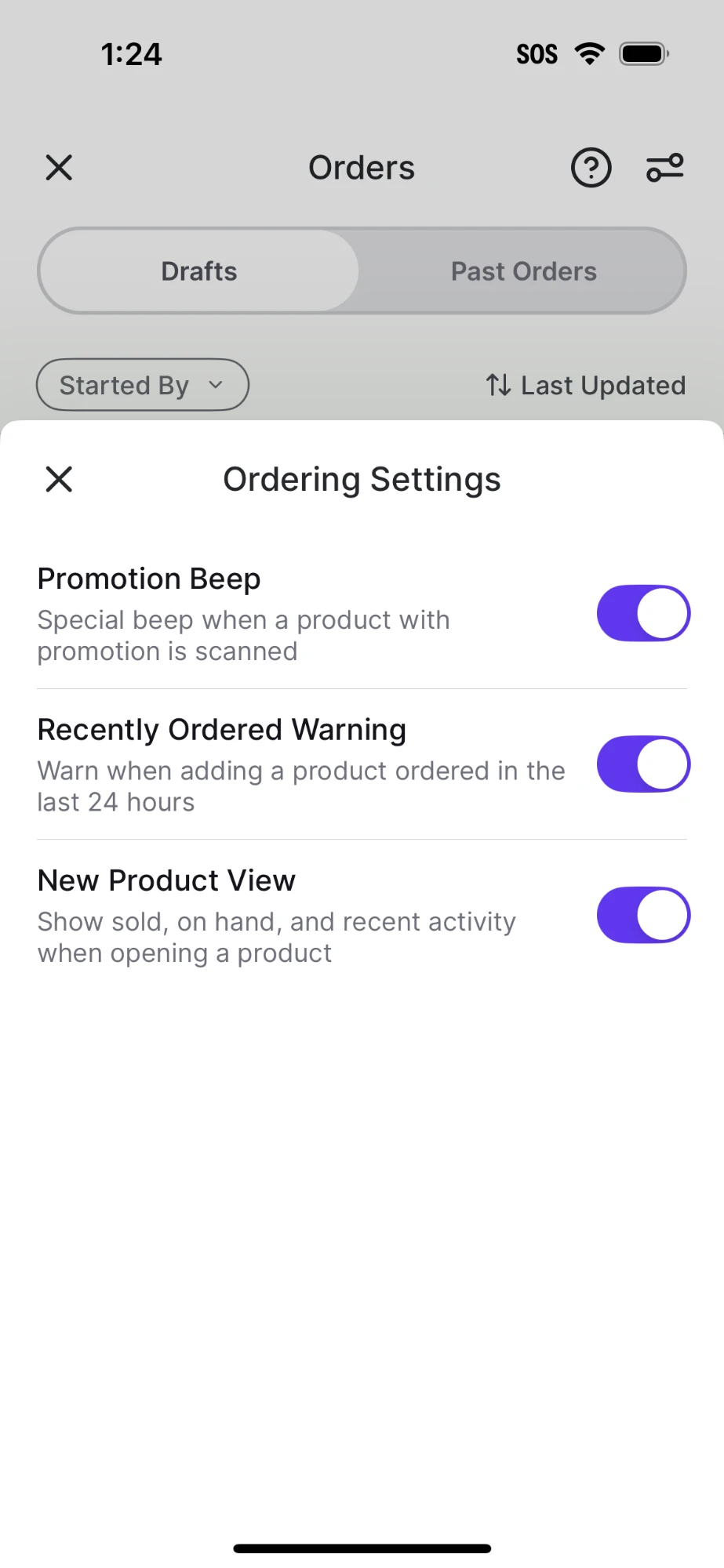 Ordering Settings menu with toggles for Promotion Beep, Recently Ordered Warning, and New Product View