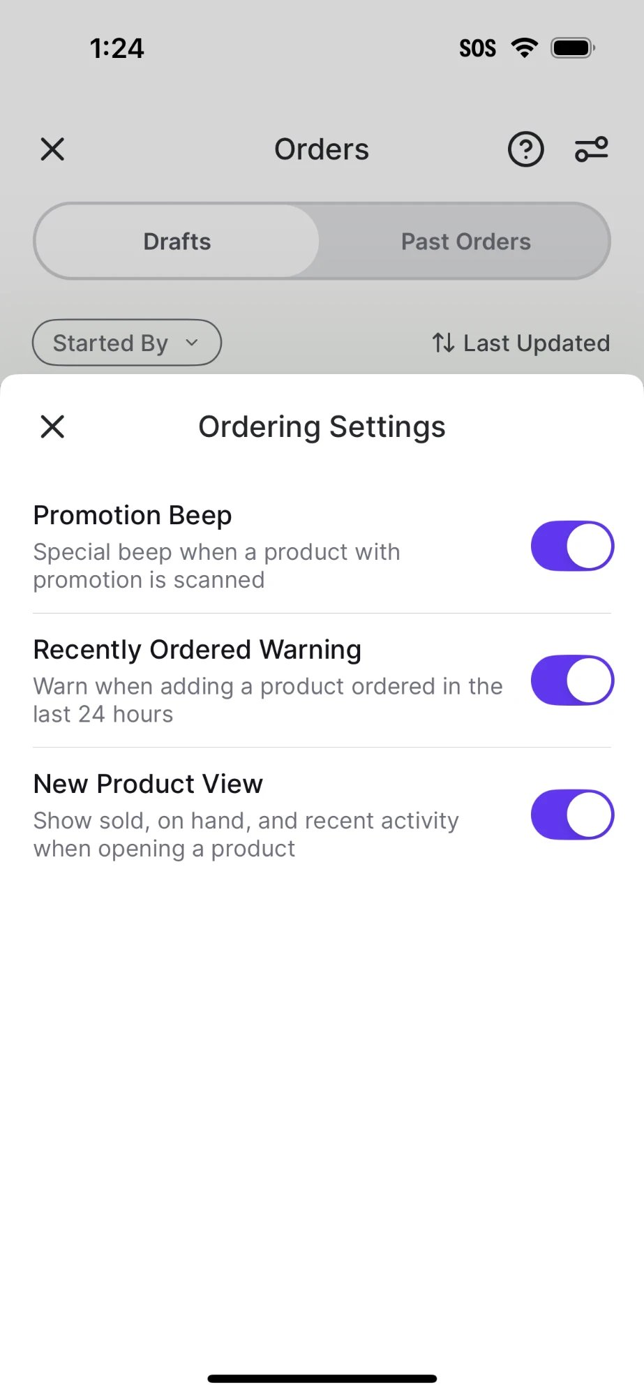 Ordering Settings menu with toggles for Promotion Beep, Recently Ordered Warning, and New Product View