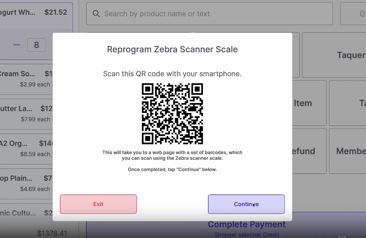 POS screen displaying the QR code for scanner and scale setup