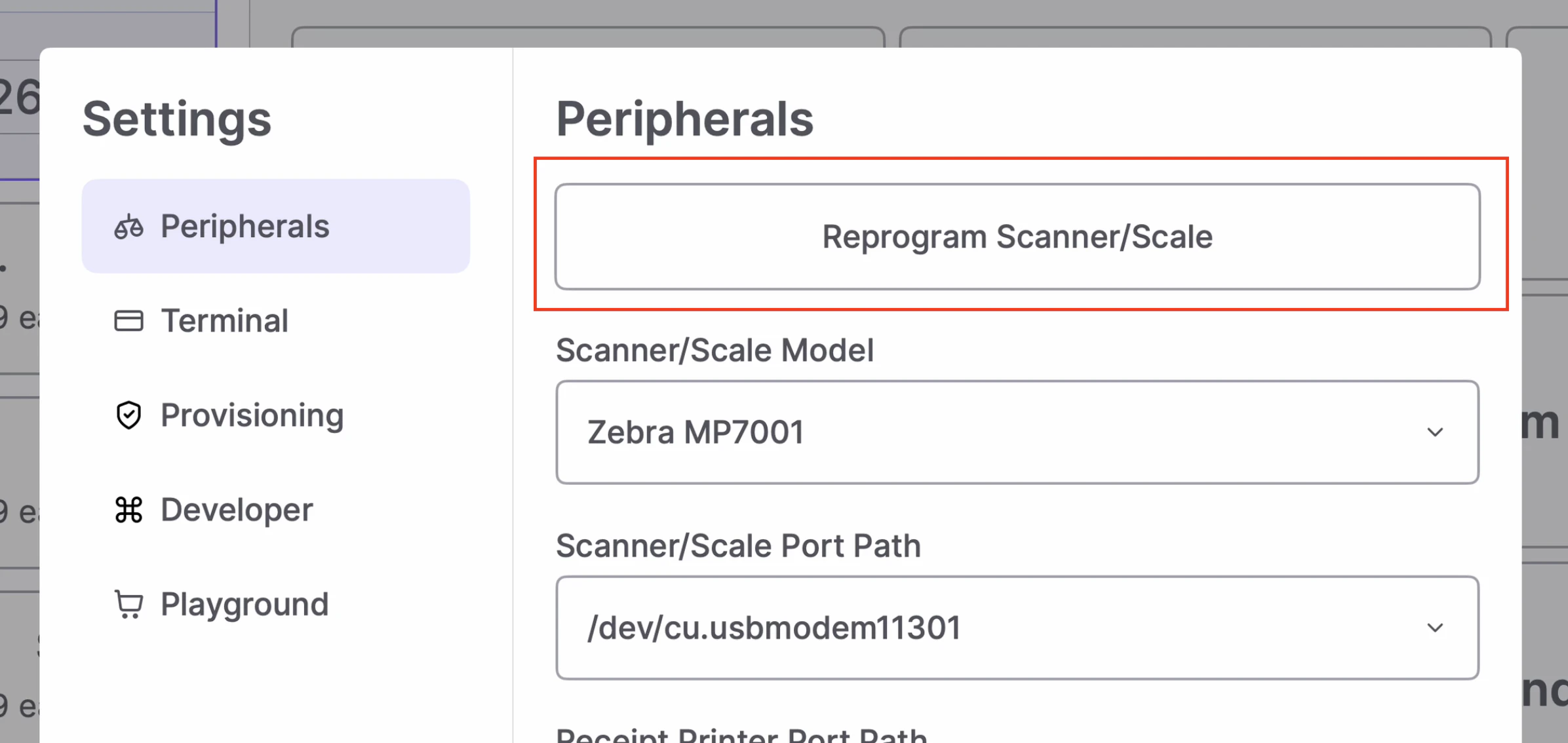 POS settings menu showing the Reprogram Scanner/Scale option