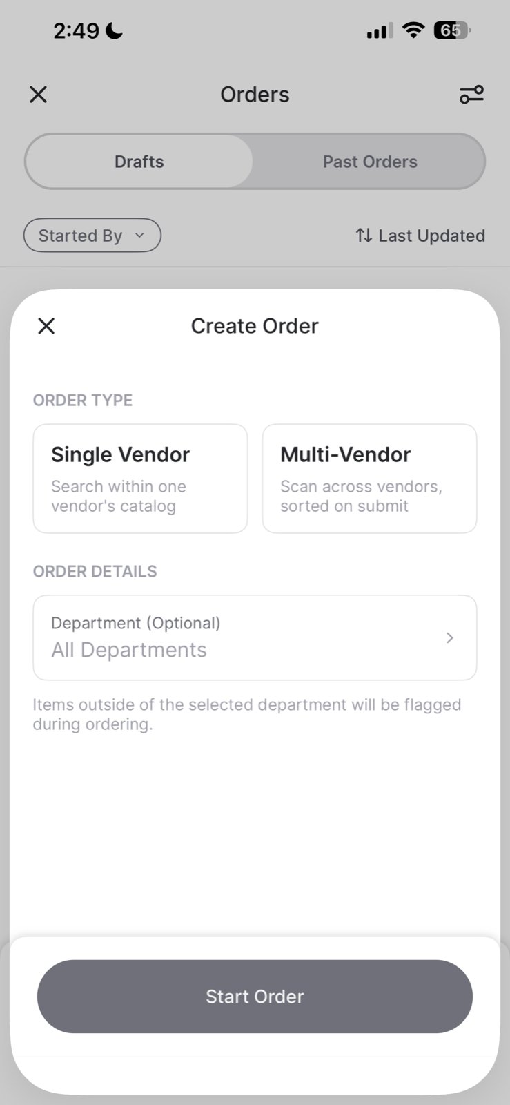 Create Order screen with the Department field set to All Departments