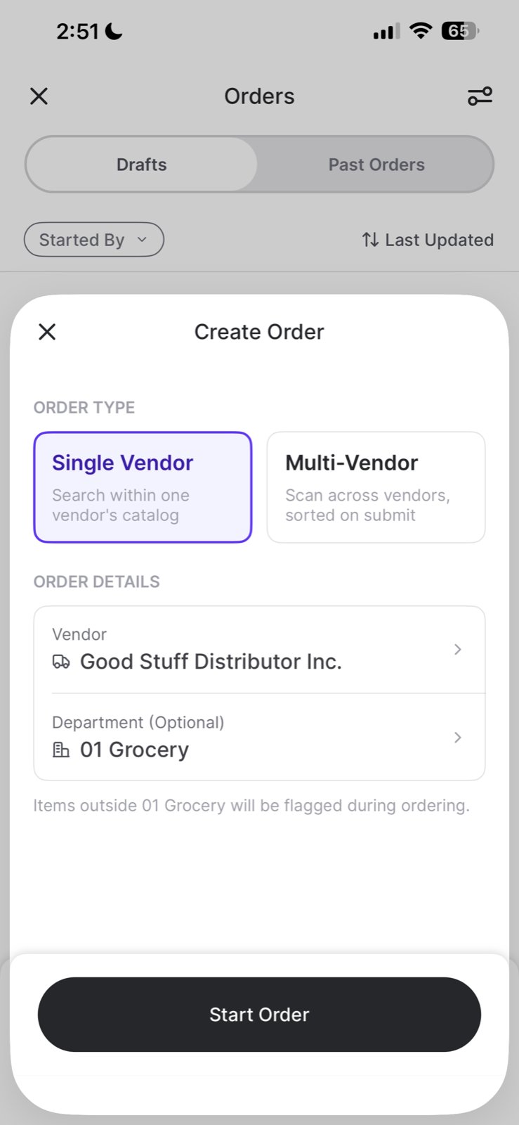 Create Order screen with Single Vendor selected and the department set to 01 Grocery